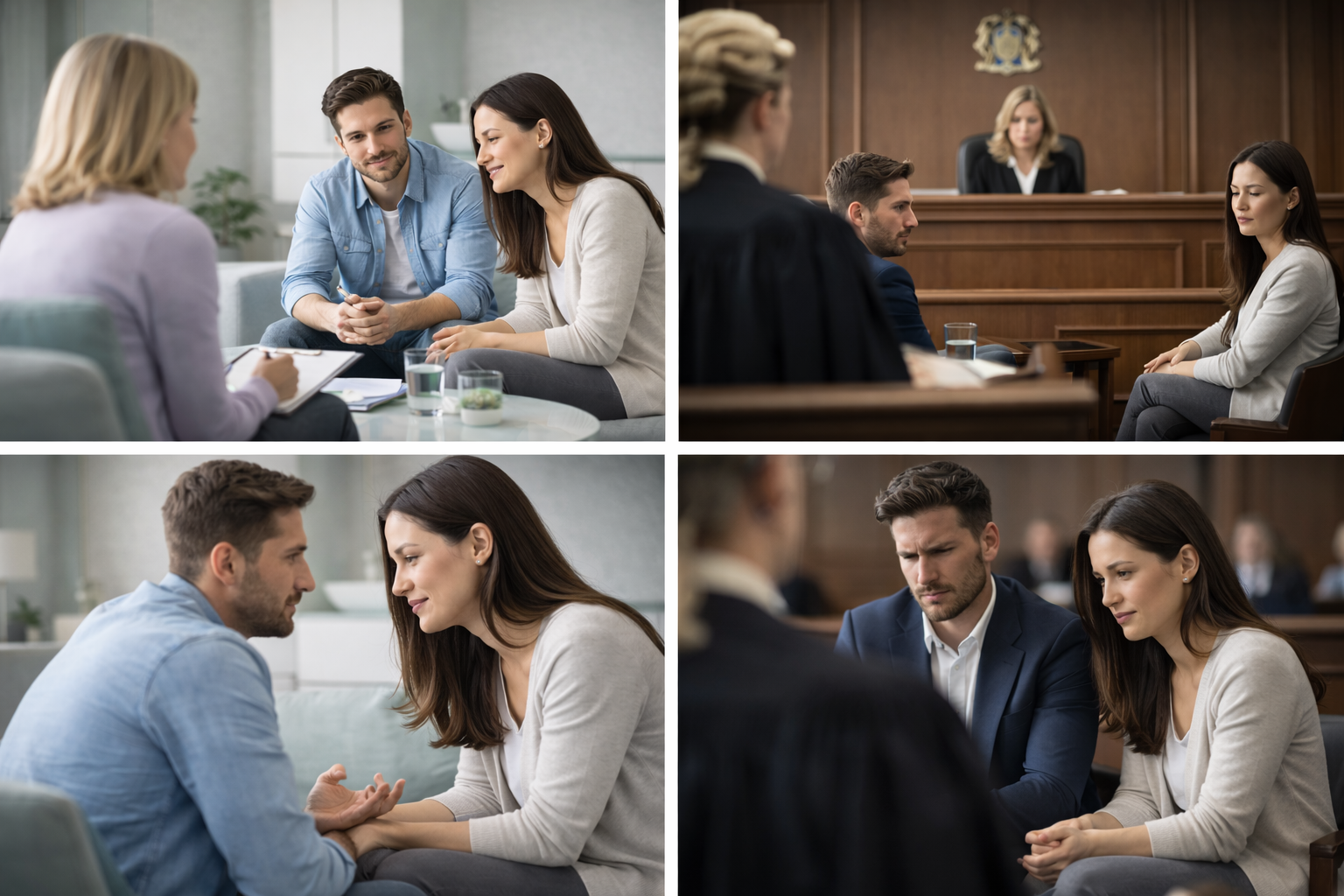 Illustration of a mediator sitting with two people, having a conversation in a cozy office setting.